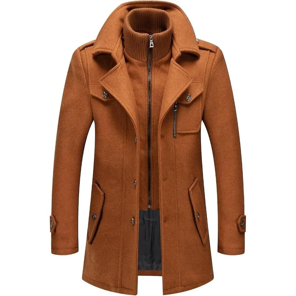 Men's Yellow Wool Blend Coat Warm Winter Trench Coat With Detachable Soft Scarf